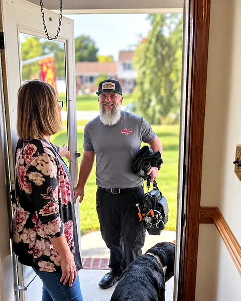 The owner of Richmond Appliance Guys arriving at a front door with his tool bags while the homeowner greets him